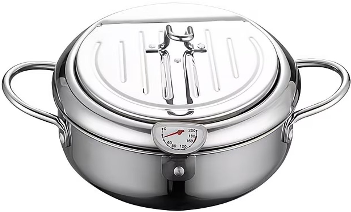 Home & Beyond® Frituurpan met Thermometer - RVS Frituurpan met Deksel - Oliebesparende Frituurpot - Geschikt voor Inductie, Gas & Keramisch - Inclusief Uitlekrek en Tang - 21 cm