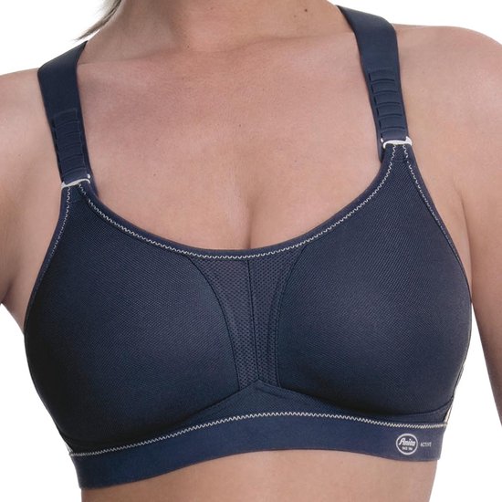 Blauwe sportbeha van Anita met voorgevormde cups en brede bandjes. Met 'Anita ACTIVE' logo.