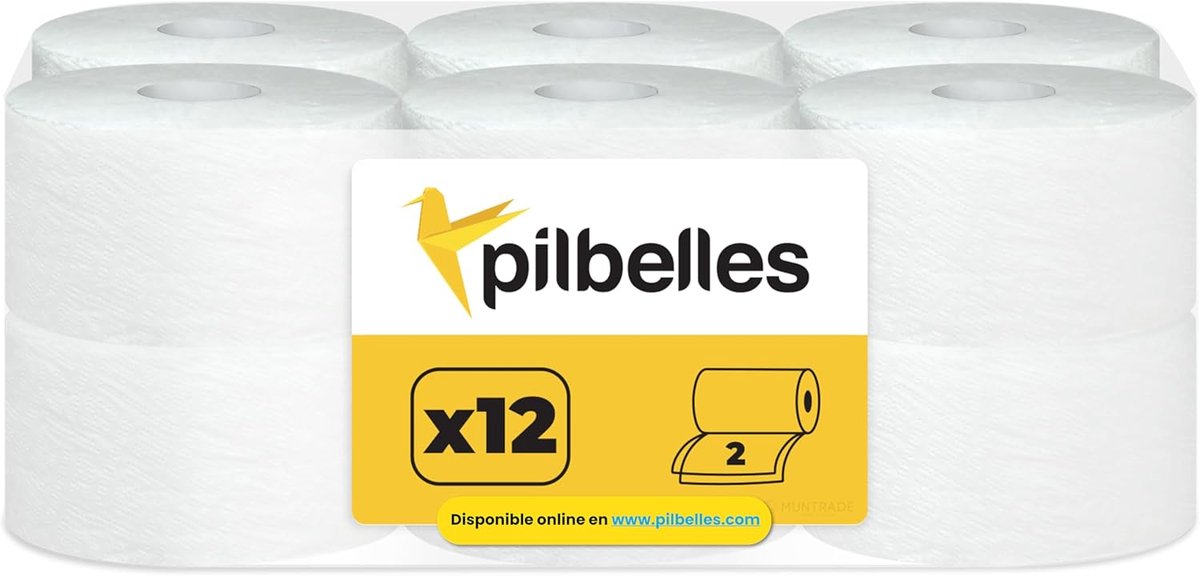 Industrieel Toiletpapier - Jumbo Rollen - Hoge Doorloop Locaties - Dubbellaags Gelamineerd - 12 Rollen - Wit