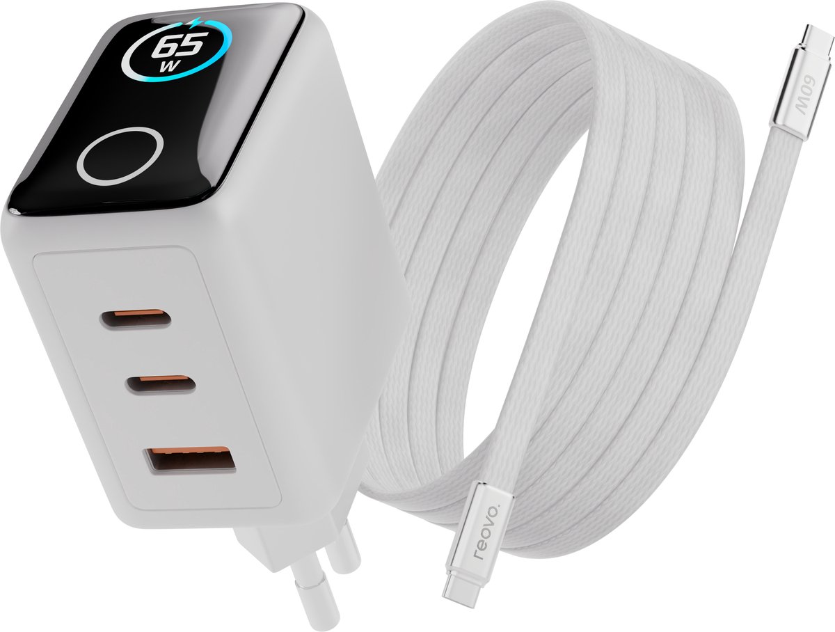 Reovo - Krachtige 65 W USB A & USB C Adapter - USB-C oplader - Snellader - USB Stekker - USB-C naar Usb-C - Usb-A - geschikt voor Samsung - geschikt voor iPhone - Wit