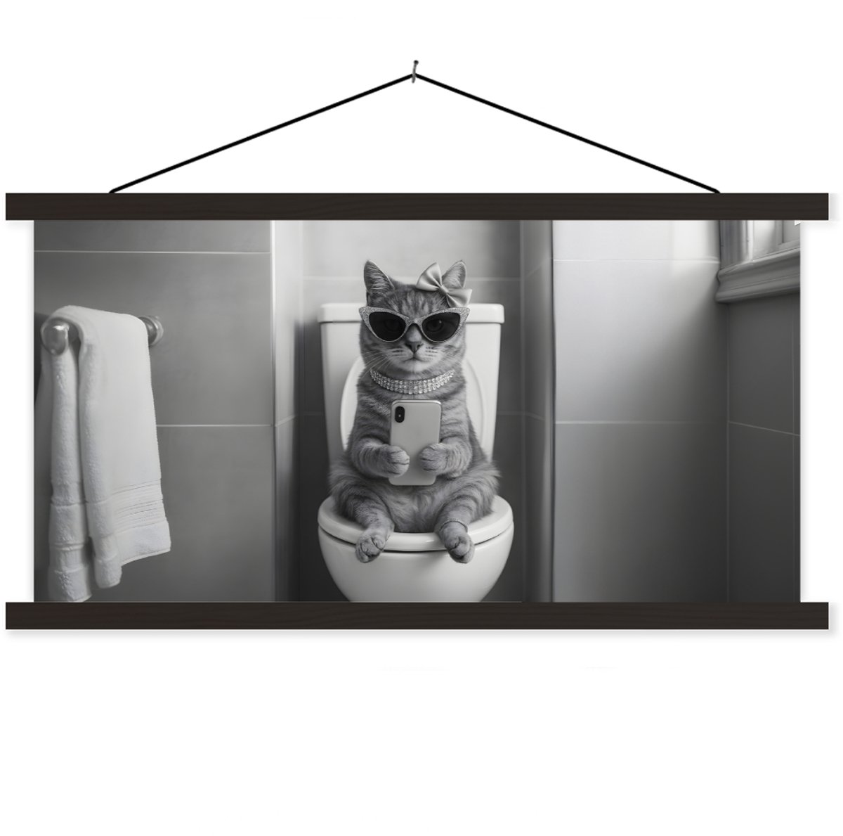 Posterhanger incl. Poster 150x75 cm - Schoolplaat - Kat - Telefoon - Toilet - Zwart - Wit