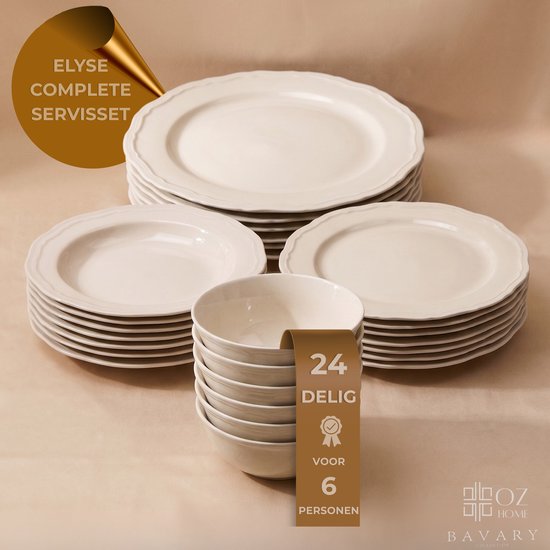 OZ Home Bavary Elyse Serviesset 24-delig - Porseleinen Bordenset - Beige/Crème - Voor 6 Personen - Compleet Servies — afbeelding 5
