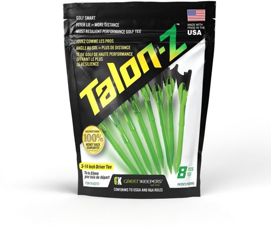 Verpakking van GreenKeepers Talon-Z 3-1/4 inch golf tees. De verpakking toont acht groene tees met zwarte koppen.