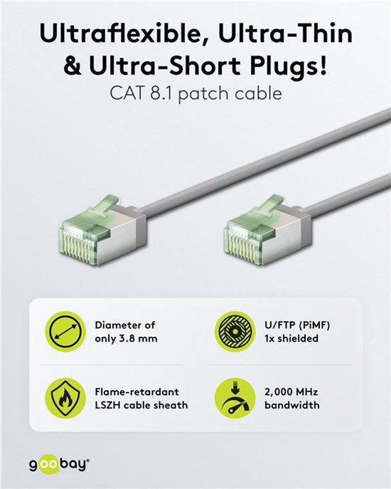 Câble patch gris CAT 8.1 avec deux connecteurs verts. Diamètre 3.8mm. 1x blindé.