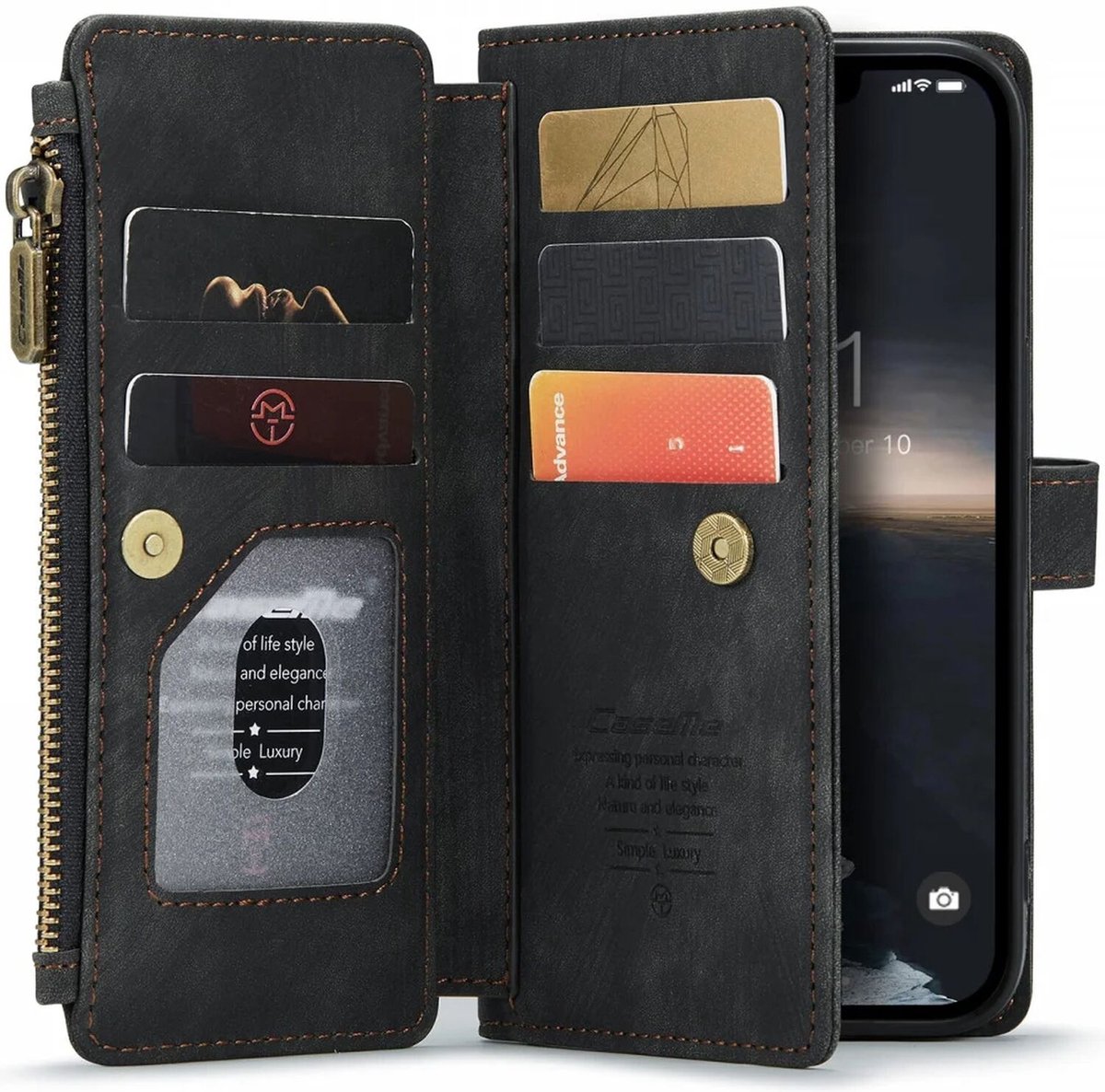 CaseMe C30 Hoesje Geschikt voor Apple iPhone 14 | Wallet Zipper Book Case met Pasjeshouder | Beschermhoes met Portemonnee | Zwart