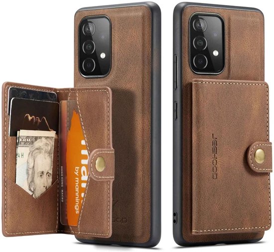 Étui de téléphone marron avec porte-cartes ouvert contenant des cartes et de l'argent, vue latérale.