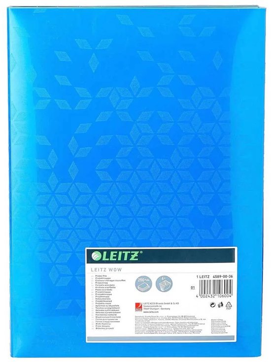 Achterkant blauwe map met geometrisch patroon. Leitz WOW met productinformatie.