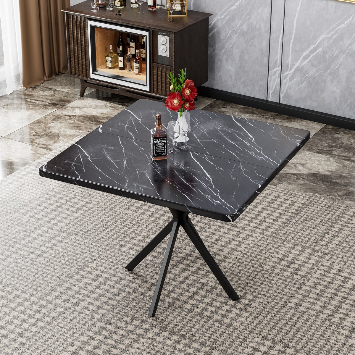 FloraGrace Vierkante Eettafel - Ruimtebesparend En Stevig - Voor Keuken Eetkamer En Kantoor - Hout En Metaal - 38,6 Inch - Zwart Naturel