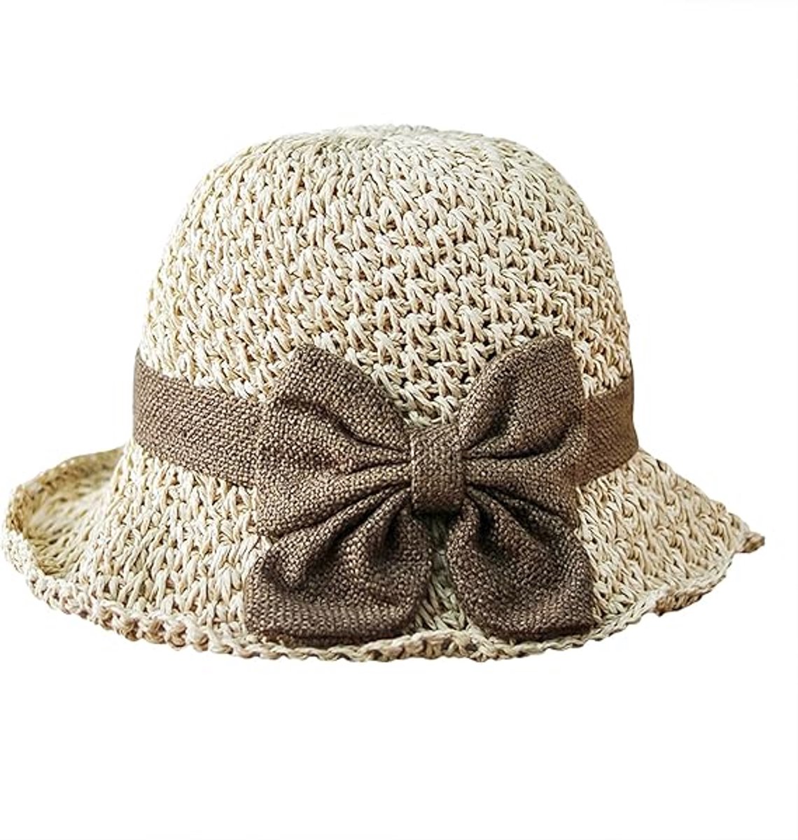 Hoeden - Casual hoeden - Strandhoeden - Retro dameshoed met strik van zacht stro - Zonnehoed met opgerolde rand en UV-bescherming - Geschikt voor vissen, reizen en dagelijks gebruik - Beige