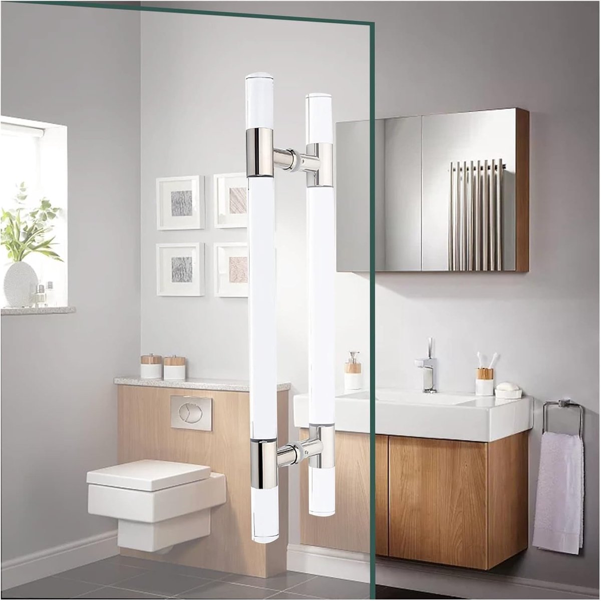 Douche Deurgreep - Kristal Duwstang - Schuifdeuren Openen - Helder Acryl Kristal - 60 cm - Zilver