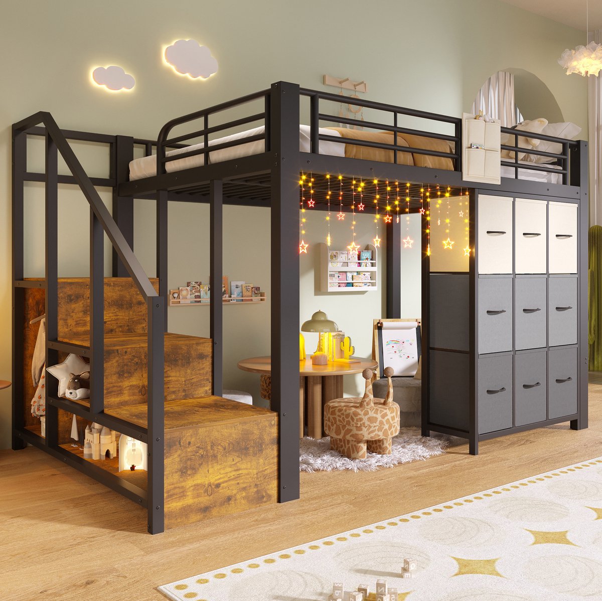 COVREO Hoogslaper, 140 x 200 cm, metaal, met lades, kledingrek, handrails en trap met opbergruimte; matras niet inbegrepen; zwart. Black