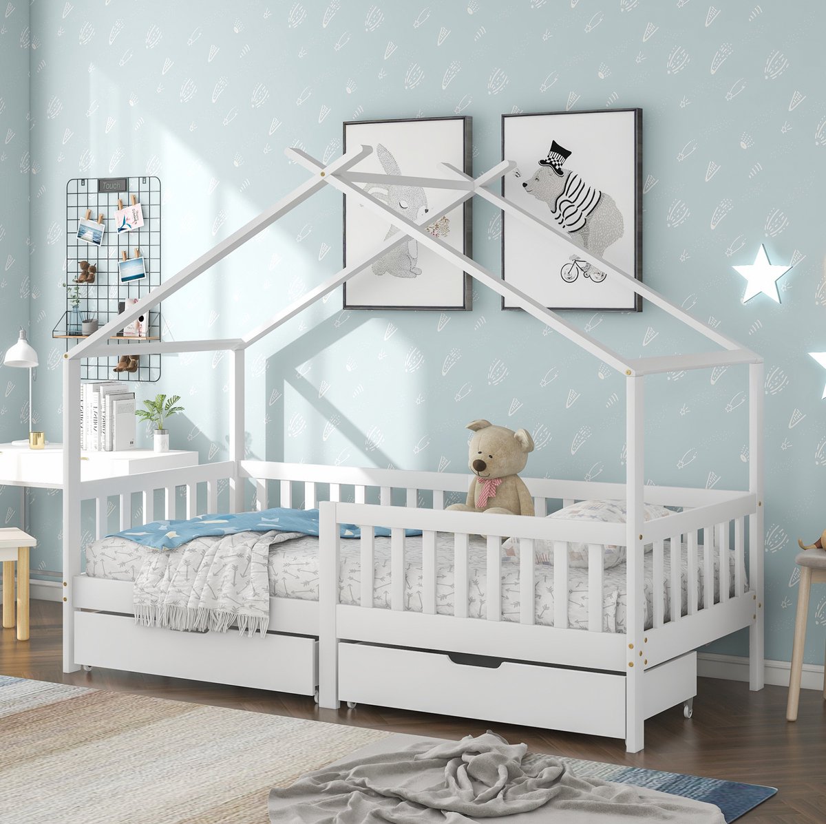 COVREO Kinderbed huisbed 205x98x165 cm – wit, met 2 lades en uitvalbeveiliging