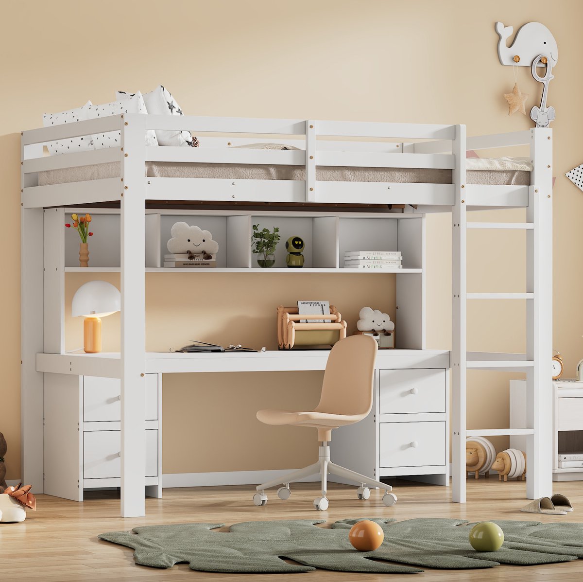 Hoogslaper van 90 x 200 cm, kinderbed, bovenste bed is een bed, onderste bed is een tafel, grote opbergruimte, hoge veiligheidsrail, stevige trap, wit.