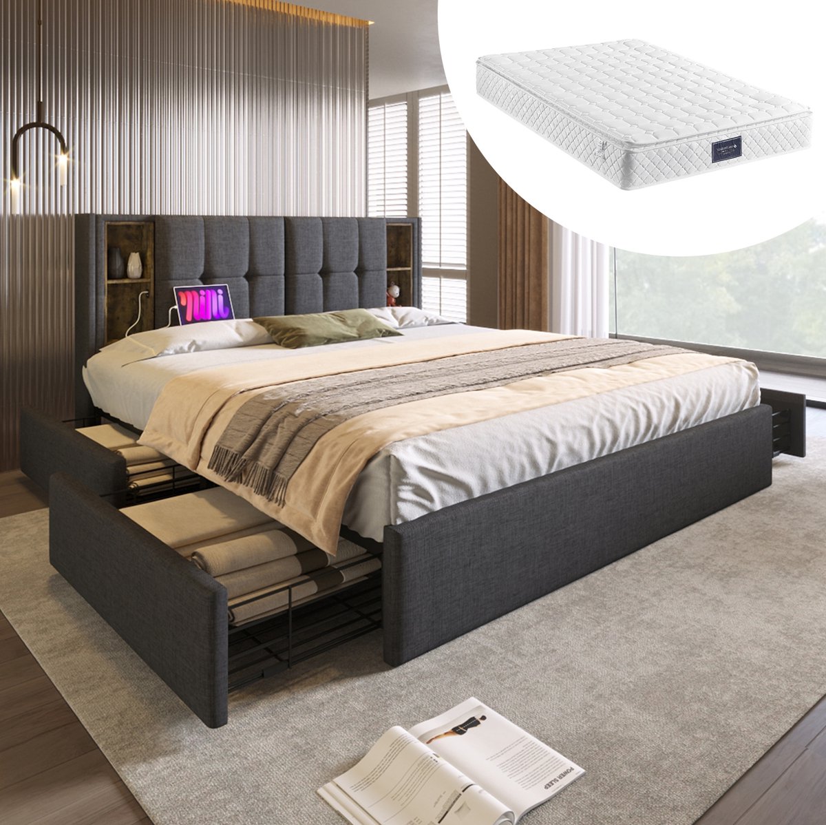 COVREO Tweepersoonsbed met draadloze USB-C-oplaadpoort en 4 lades. Gestoffeerd bedframe van 160x200 cm. Houten lattenbodem - grijs linnen (matras inbegrepen). Grey