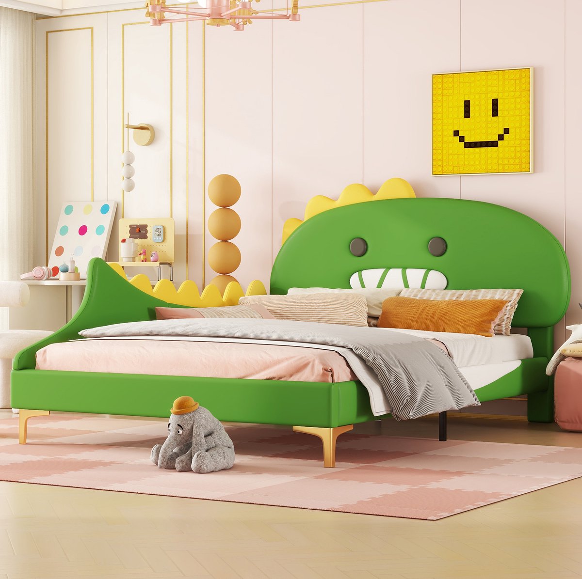 COVREO Kinderbed 209x144 cm – groen, PU en MDF, dinosaurusvorm, voor matras 140x200 cm
