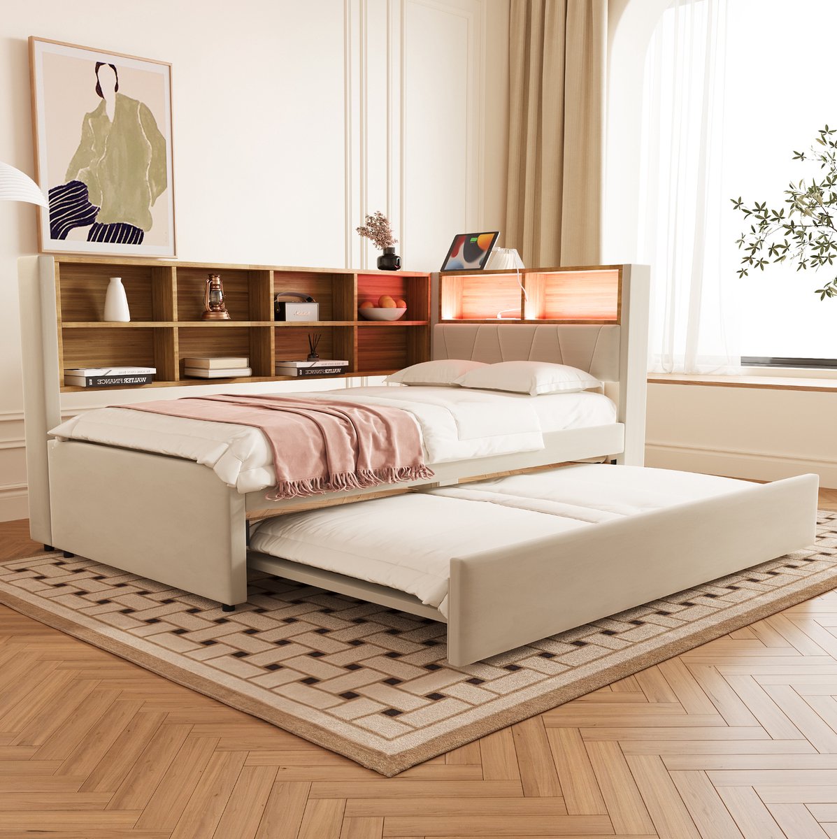 COVREO Bed 90x200 cm beige met uitschuifbed en LED zonder matras
