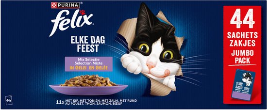 Felix Elka Dag Feest 44 zakjes jumbo pack met kip, tonijn, zalm, rund in gelei.