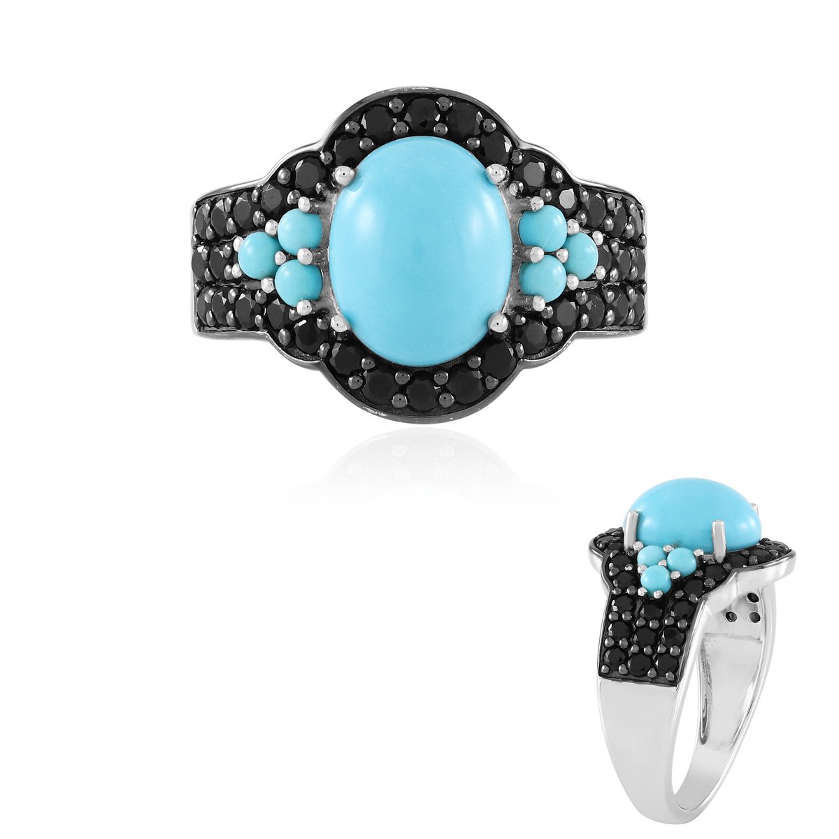 Cavill - 925 Sterling Zilver Ring - Platina Verguld - 2,7 ct Sleeping Beauty Turkoois & 1,13 ct Zwarte Spinel - Ovale Cabochon - Elegante Dames Ring