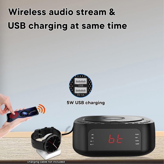 CD-speler-wekker met afstandsbediening: CD/MP3, Bluetooth, FM-radio met luidsprekers, USB-oplader en dimbaar display voor de slaapkamer - dubbel alarm met instelbaar geluid, geschikt voor zowel diepe als lichte slapers. — afbeelding 4