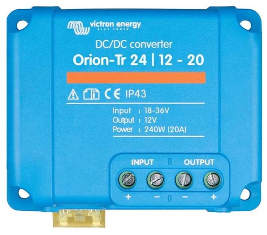 Blauwe Victron Orion-Tr DC/DC-omvormer met tekst: 'Input 18-36V, Output 12V, Power 240W (20A)'. Schroefklemmen voor input en output.