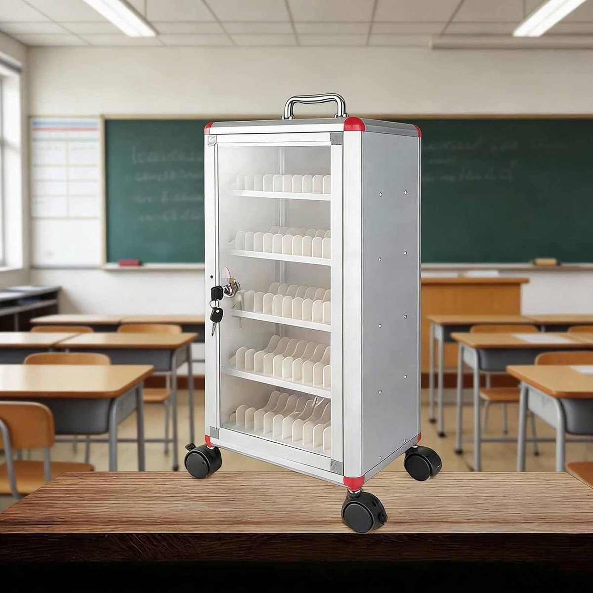 Mobiele Locker - Telefoonkluis Kast - Klaslokaal Organisatie - Met Slot en Wielen - 60 Vakken - Zilver