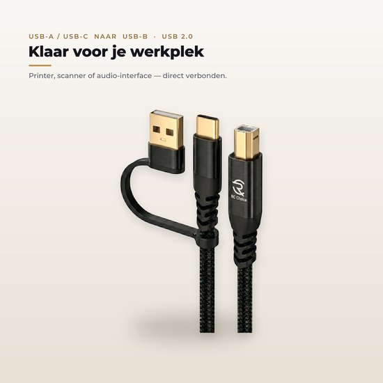 Klaar voor je werkplek: Zwarte kabel met gouden USB-A, USB-C en USB-B connectoren. Gevlochten nylon mantel.