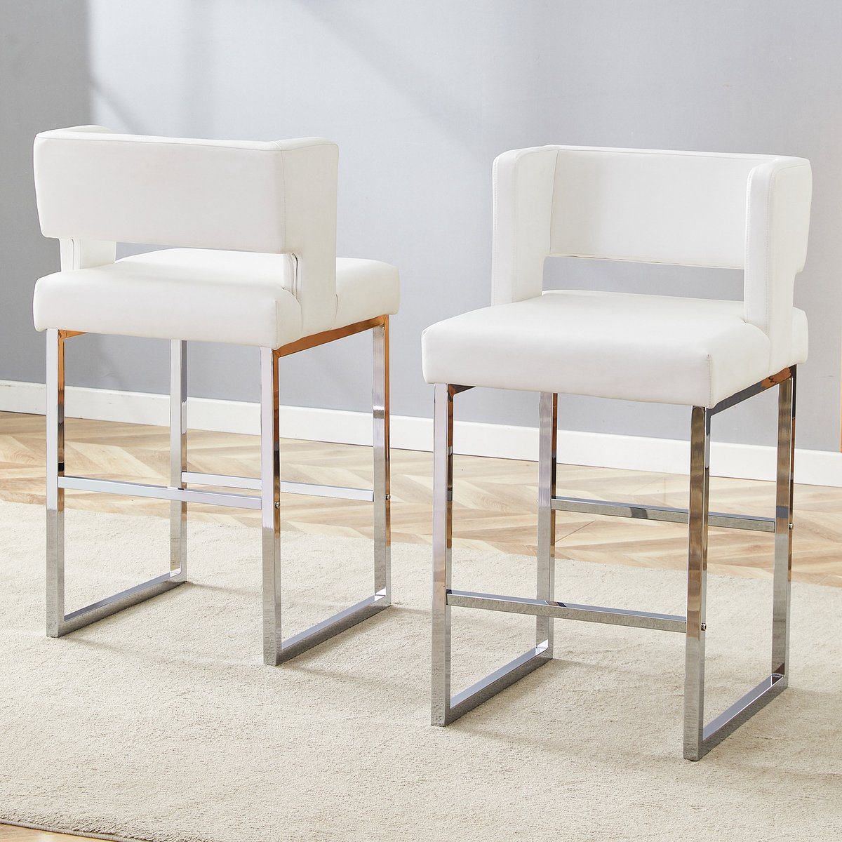Eetkamerstoelen - Set Van 2 - Gestoffeerde eetkamerstoel - Eettafelstoel - Eetkamerstoelen - Stoel - PU - Metalen stoelpoten - Vierkant ontwerp - Modern Design - Wit, zilver