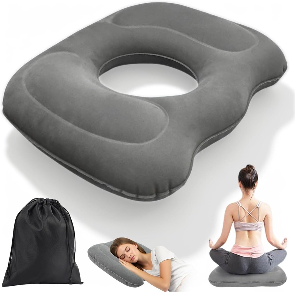 Opblaasbaar orthopedisch donut zitkussen voor stuitbeentlasting, comfortabel thuis, op kantoor en in de auto (grijs)