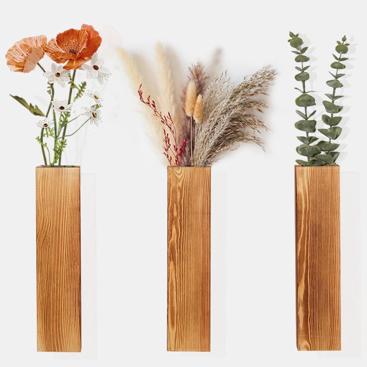 SnelShoppen - Set van 3 Houten Wand Vazen, Wandplanten, Houten Hangende Bloemenvazen, Decoratieve Containers voor Droogbloemen en Kunstplanten in Woon