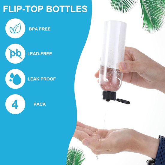 Set van 4 navulbare reisflessen 200 ml - Lotion dispenser flesjes voor shampoo, conditioner, lotion - Reisformaat plastic containers met flipdop — afbeelding 2