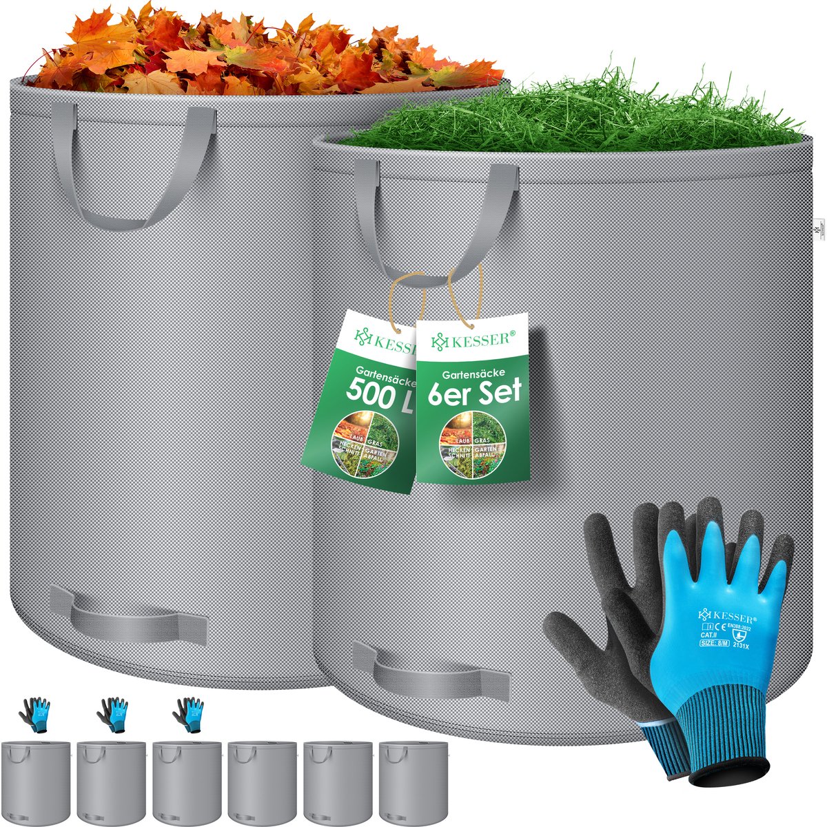 KESSER® Tuinzak set 6x 500 L - Zelfstaand met 4 handvatten - Opvouwbaar, met handschoenen - Grijs
