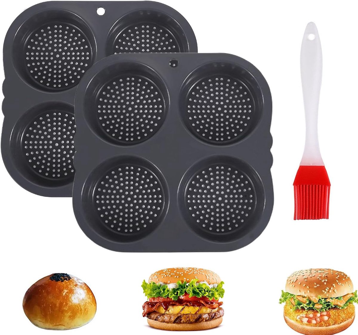 SnelShoppen - 2 Stuks Siliconen Burger Bakvormen met Grillborstel - Ideaal voor Hamburgerbrood, Muffins, Keuken Accessoires, 4 Niveaus, Met Luchtgaatj