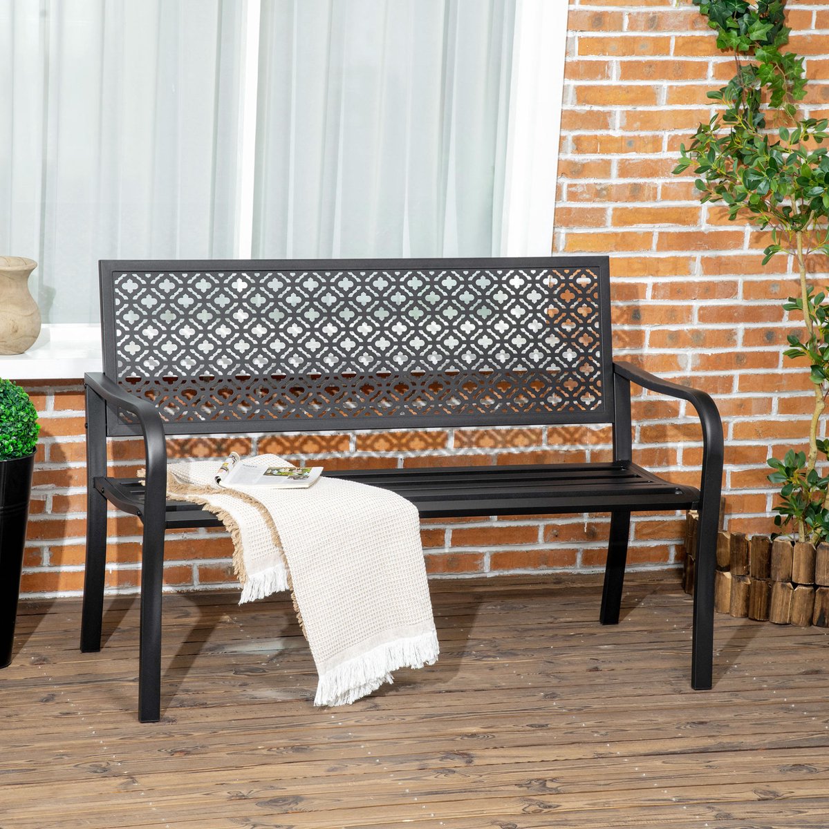 COVREO Tuinbank 127x63x83 cm zwart, van staal met rugleuning en armleuningen