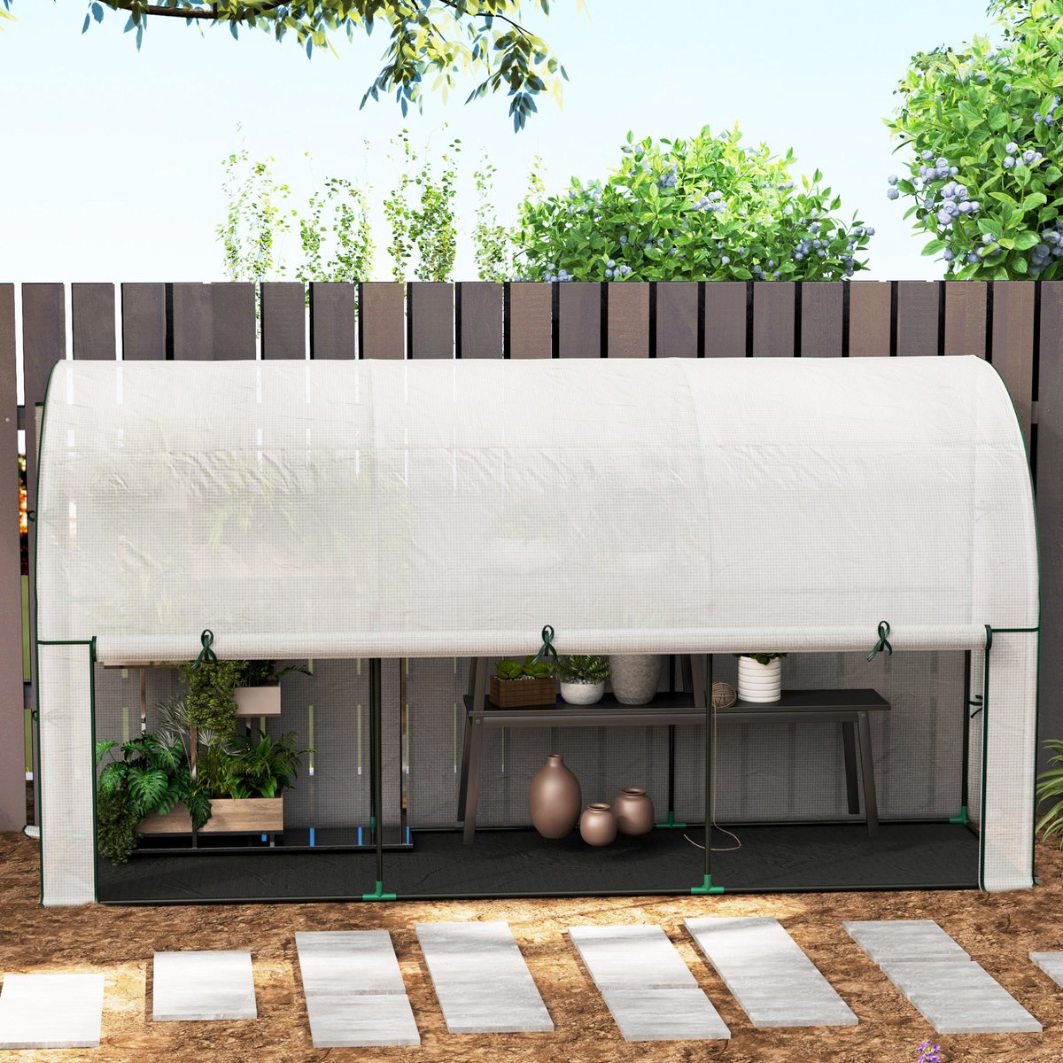 COVREO Muurkas 300x80x157 cm wit, stalen frame met oproldeur en UV-bescherming