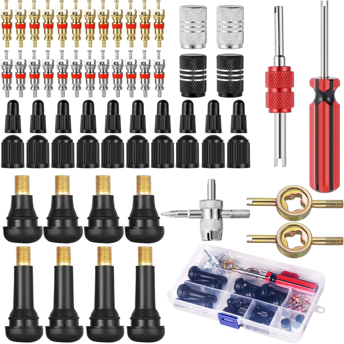 SnelShoppen - 61-delige Ventiel Verwijderaar en Ventiel Reparatie Toolset, Dubbel en Enkel Hoofd Ventielkern, Auto en Motor Ventiel Toolbox
