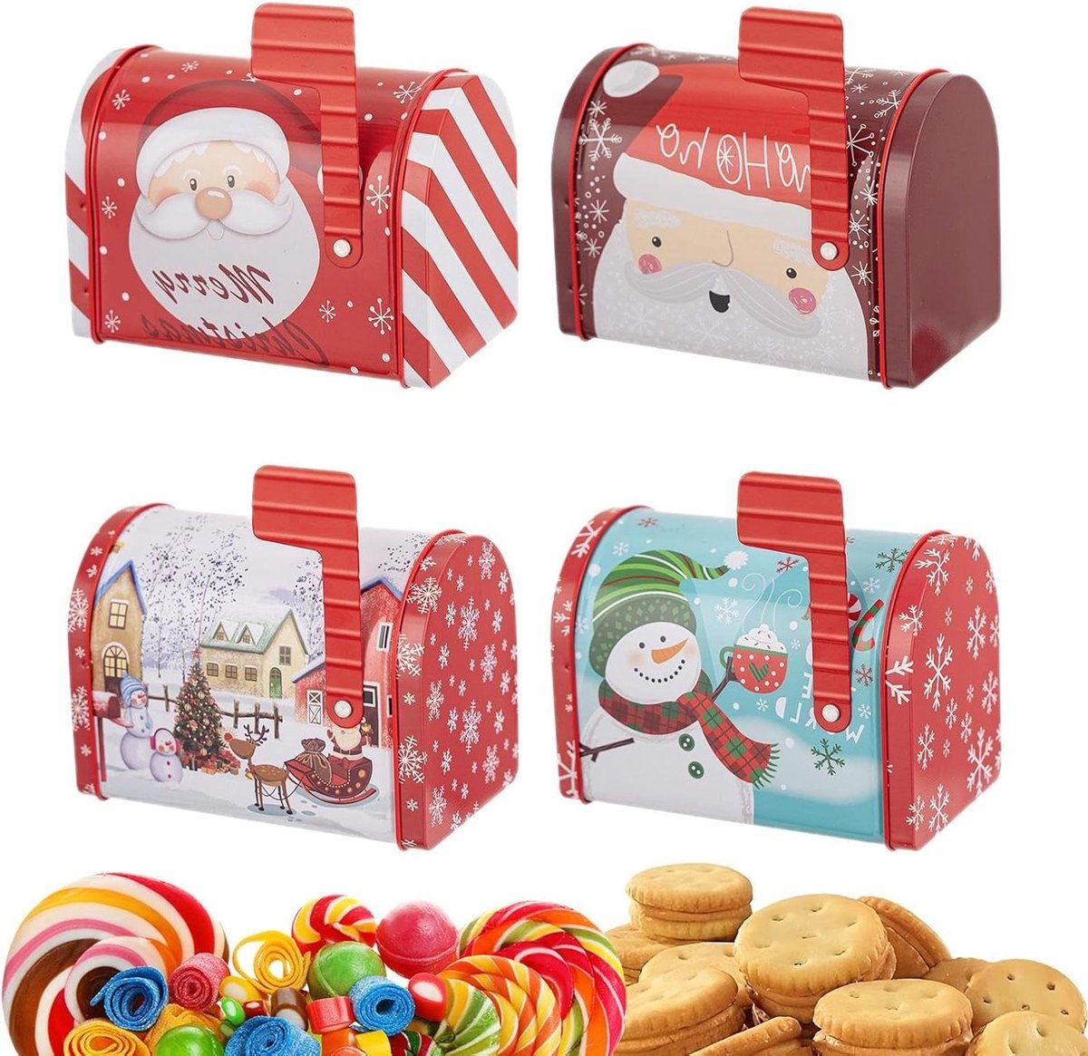 Kerst Snoepdozen - Koekjesblikken Kerst - Feestelijke Organisatie - Hygiënisch Tinplate Ontwerp - 4 stuks - Rood