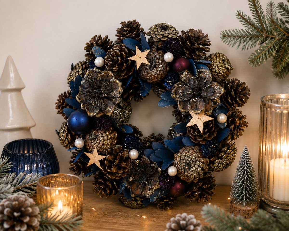Landelijke Kerstkrans Ø 30 cm – Blauwe Deurkrans met Gouden Accenten en Dennenappels – Ronde Kerstdecoratie voor Binnen en Buiten – Blauw en Goud – foto 6