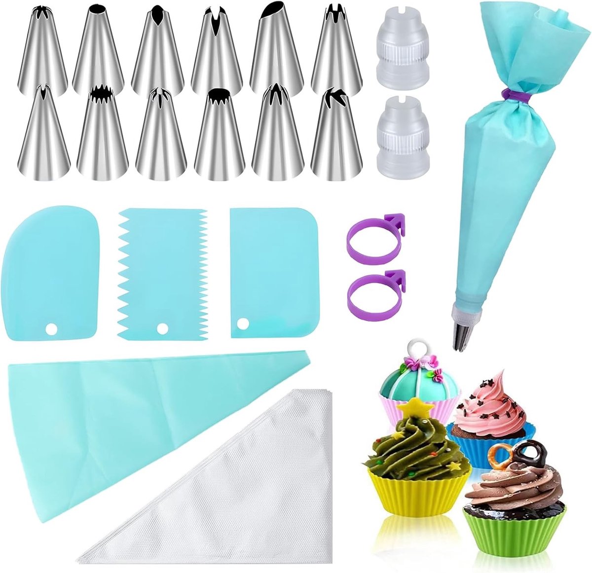 Set van 100 Wegwerp Spuitzakken, Herbruikbare Siliconen Spuitzakken met 12 Spuitzakken en 2 Adapters voor Taarten, Cupcakes en Koekjes met Cadeaubox