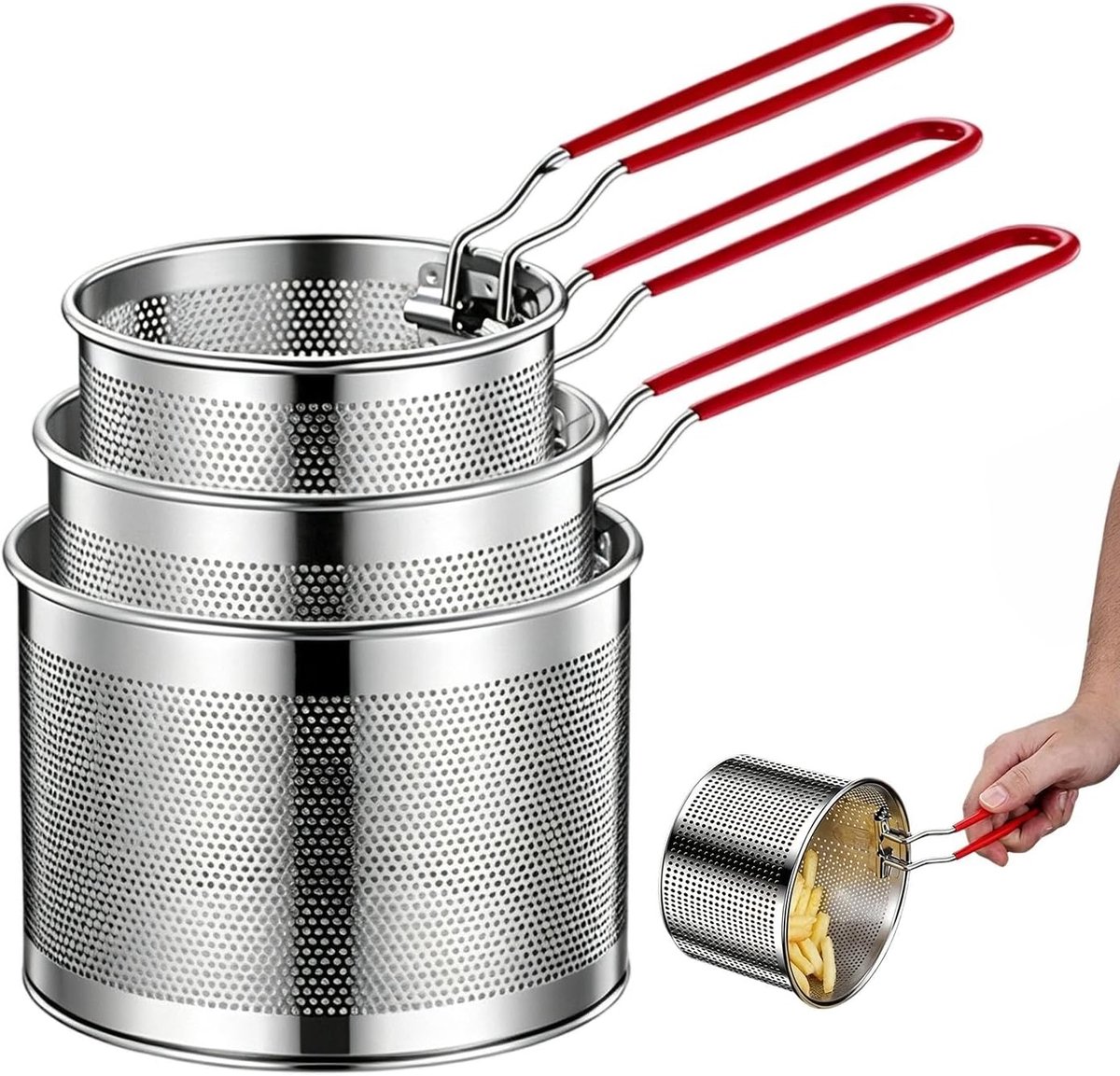 3 stuks roestvrijstalen frituurmanden met uitneembare zeefinzet, universele zeef voor friet, pasta en groenten, ruimtebesparend (12 cm, 14 cm, 16 cm)