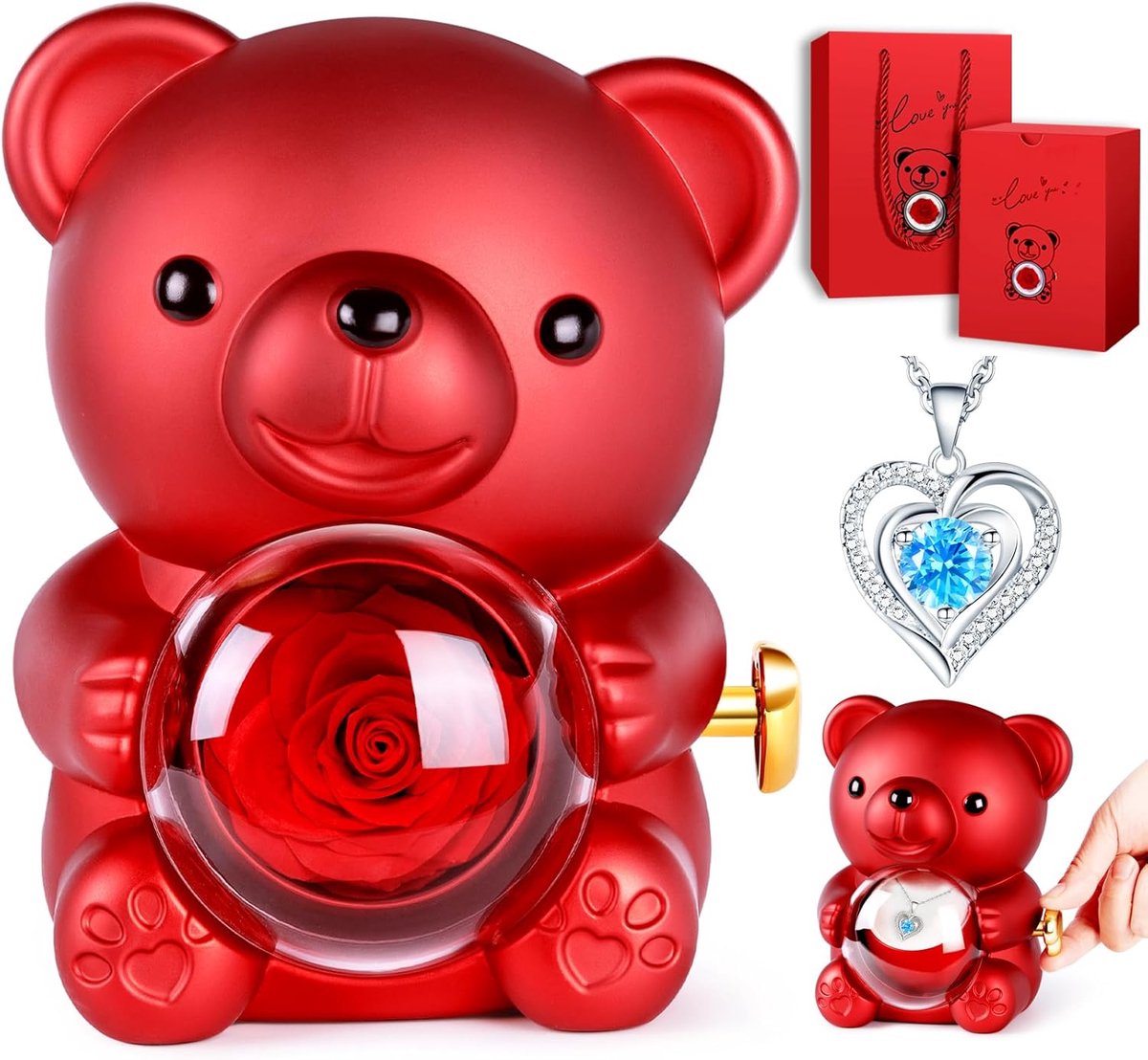 rozenbeer met doos, doos en ketting van roterende rozen van geconserveerde bloemen, beer van rozen voor Valentijnsdag, Valentijnsdag, dames, beer, sieraden, Moederdag, kerstcadeau