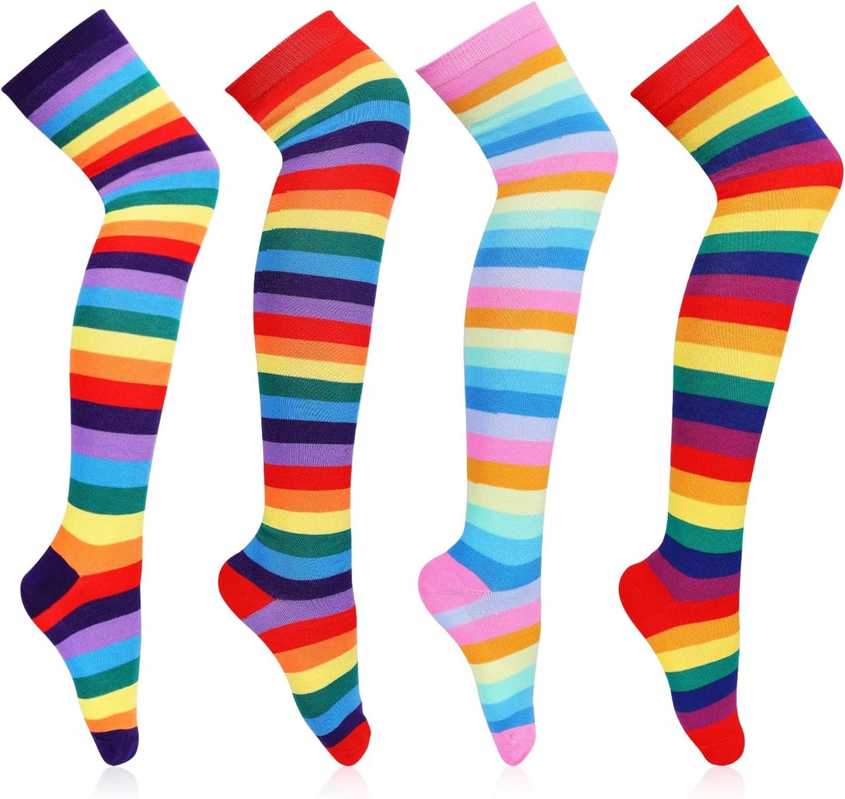 4 paar Kniehoge Regenboogsokken, Rainbow Striped Socks Knee High Rainbow Socks Halloween Stockings for Women Kerstmis Kostuumkostuum Verkleedfeest