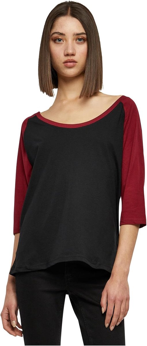 Classics Ladies 3/4 Contrast Raglan Tee Shirt met lange mouwen zwart-bordeaux