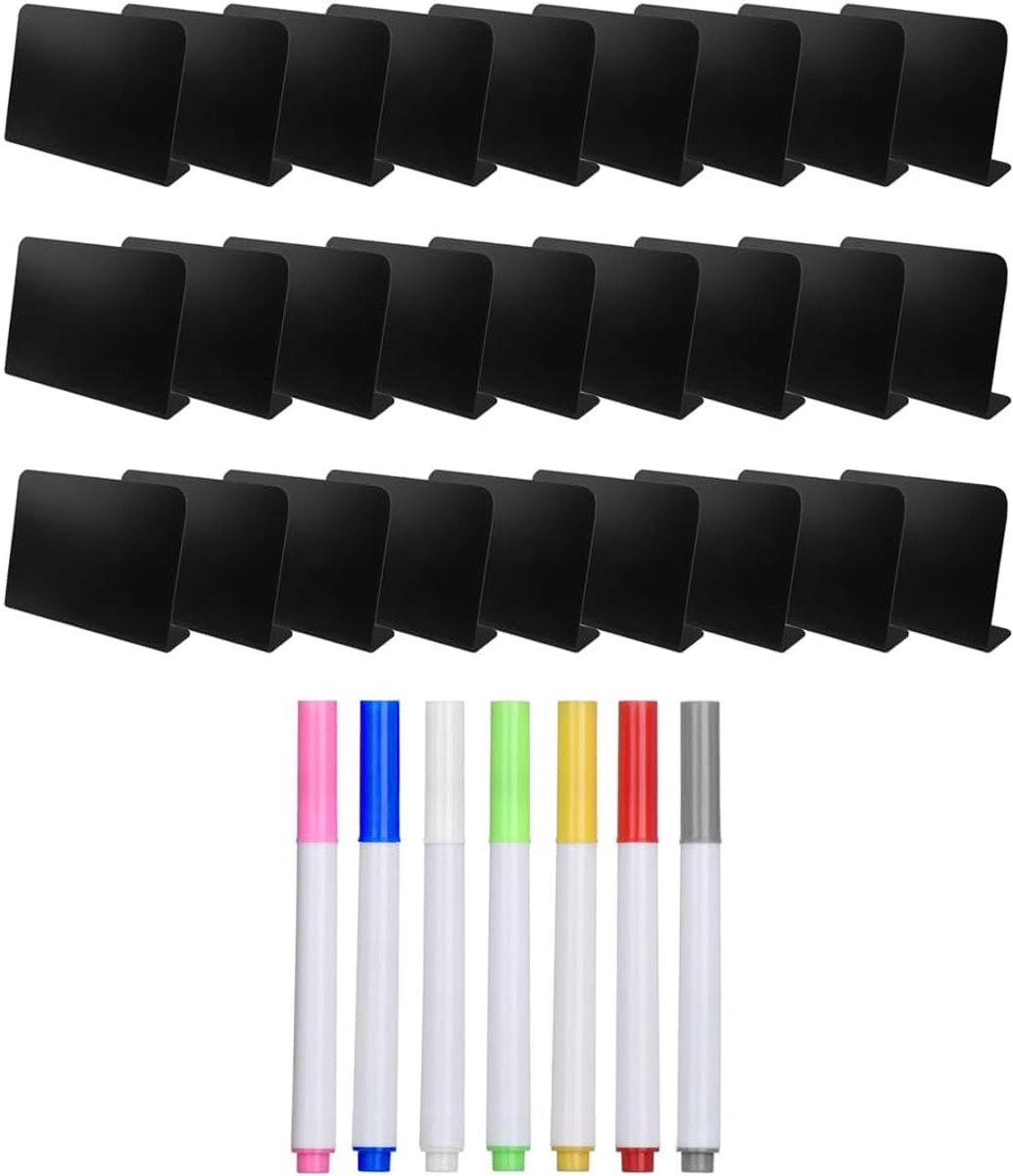 30 stuks L-vormig mini-schoolbord met 7 pennen, 2 kleine stoffen voedseletiketten voor buffetten als informatieborden (100x75mm)