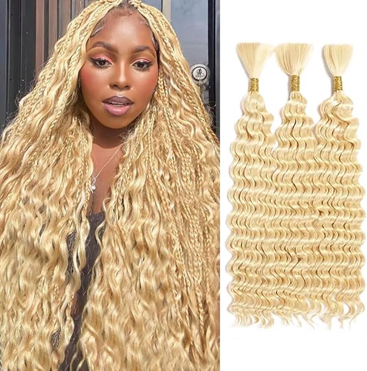 Wave Human Braiding Hair for Boho Braids #613 Blonde Color Human Hair Extensions No Weft Weave 50g/Piece for Women Low Shedding 12 12 12 Inch