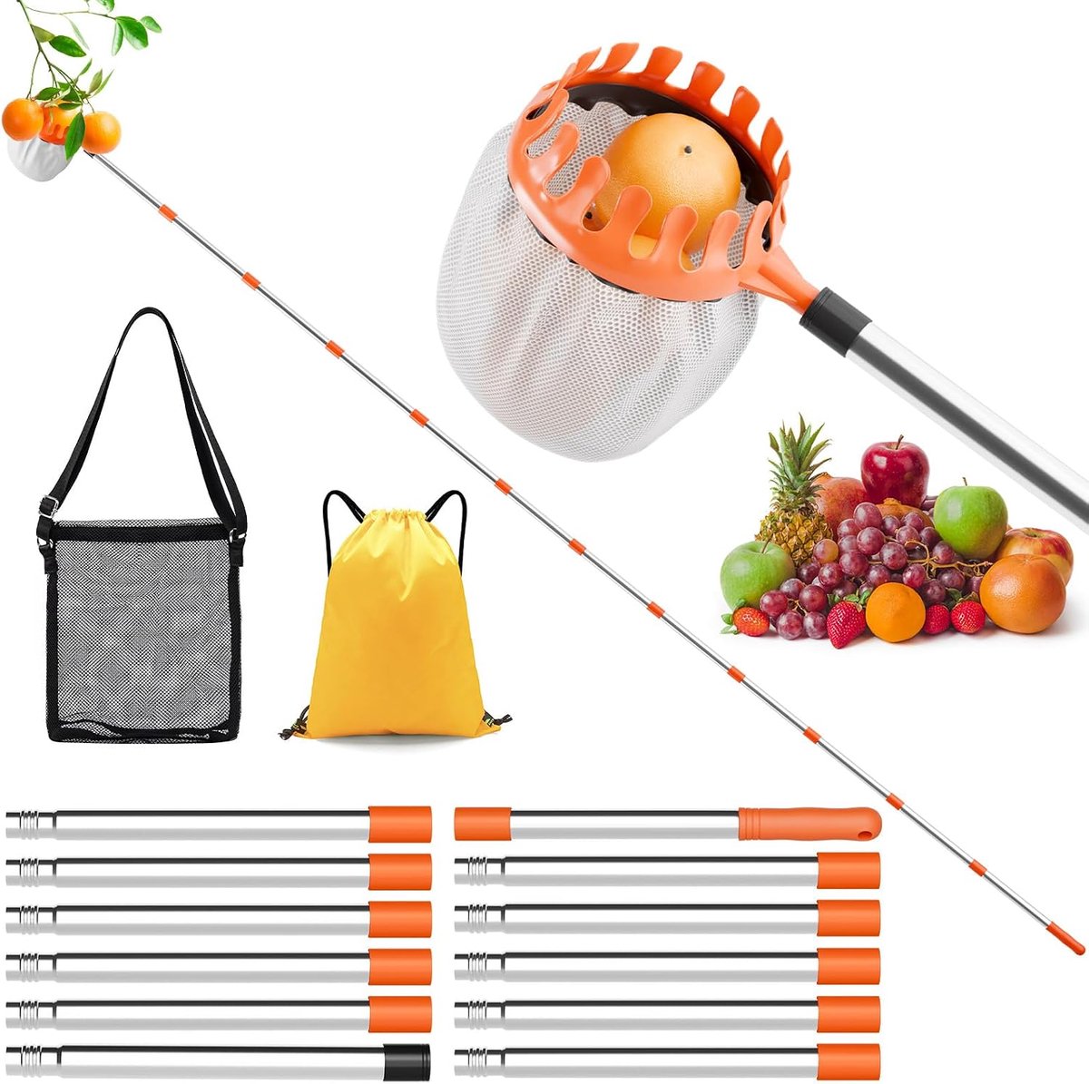 4,2 m appelplukker met telescoopsteel en fruitopvangzak, diameter 16 cm, pruimenplukker, appelplukker, fruitplukker voor het bereiken van ontoegankelijke plaatsen in fruitbomen