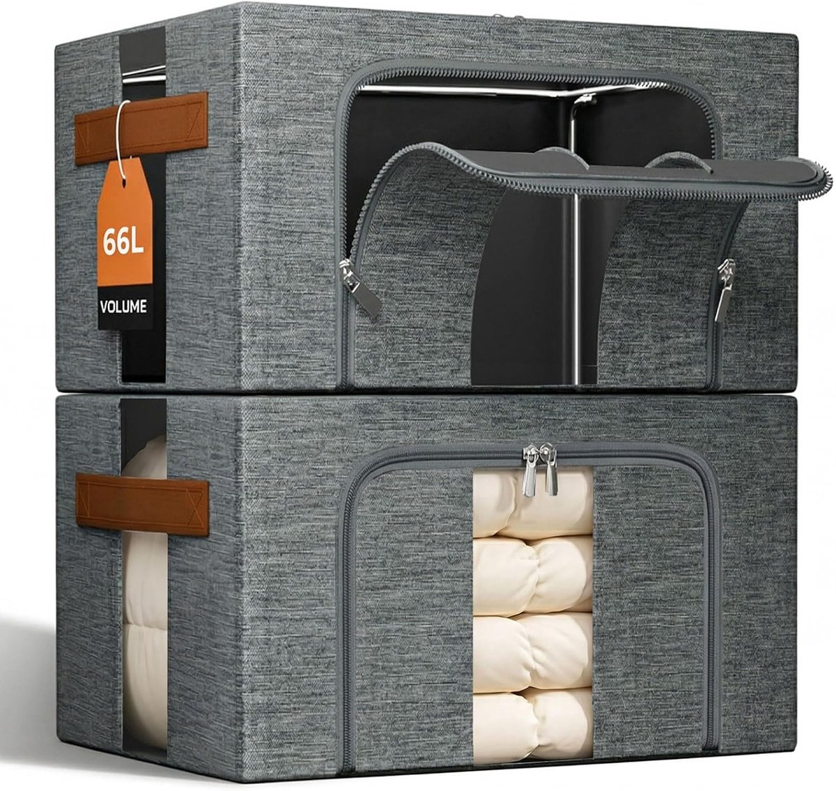 Opbergdoos kleding opvouwbaar metalen frame: stapelbare opbergtas met deksel voor kledingkast organizer opslag trui seizoenskleding beddengoed (grijs 2 x 66 l)
