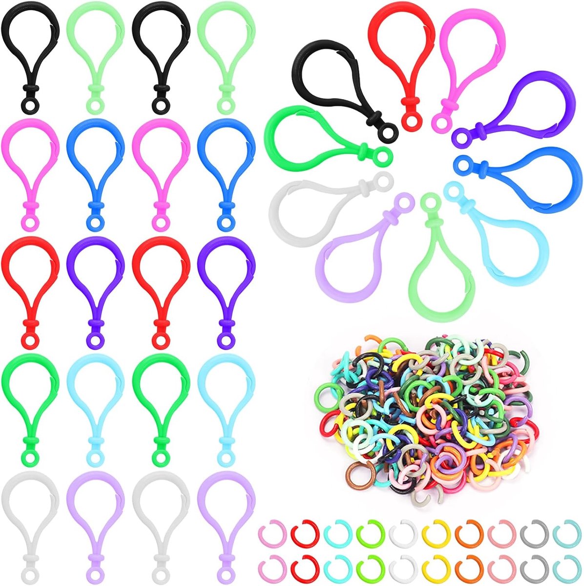 200pcs 10 kleuren Plastic kreeft klauw sluitingen met gemengde kleuren Open Jump Rings assortiment kit, kreeft klauw sleutelhanger clips klauw snap clip haken voor sieraden maken