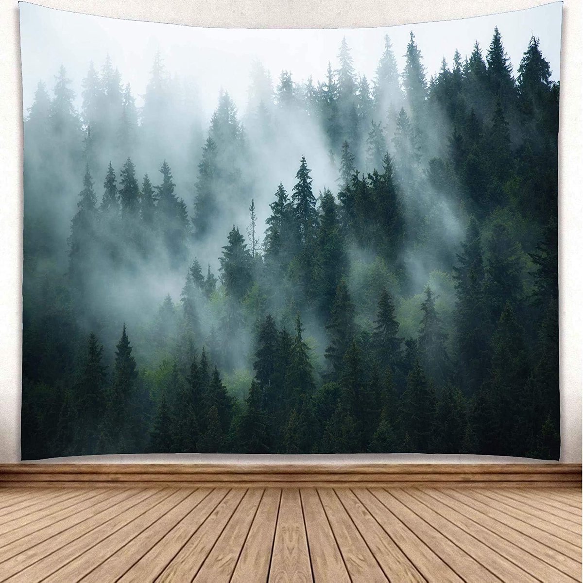 Wandtapijt XXL, 300 cm, bosgroen, mistige wanddoek, bos voor slaapkamer, landschap, wandbehang, bos, doek voor de muur, extra groot, 305 x 230 cm