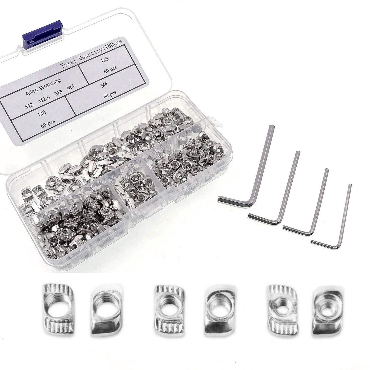 180 STKS T-Slot Moeren M3 M4 M5 Koolstofstaal T Slot Moeren met 4 inbussleutel 2020 extrusie Hamer Hoofd Bevestigingsmoer kit voor 3D-printer