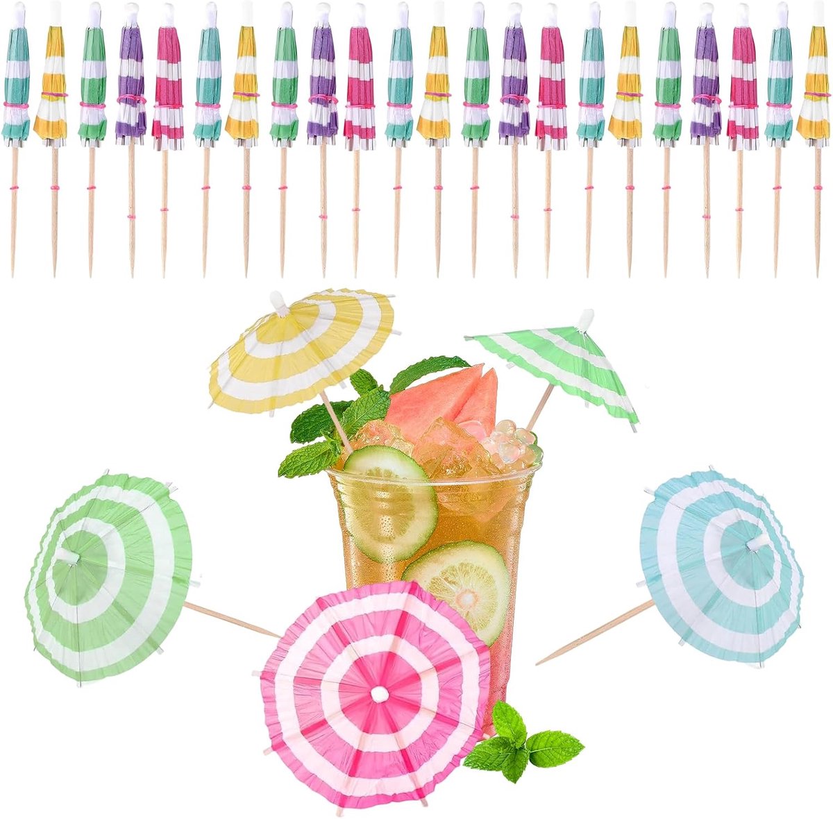 50 stuks cocktailparaplu's, cocktaildecoratie, decoratieve tandenstokers voor decoratieve drankaccessoires, feesten, desserts, buitenactiviteiten (kleurrijk D)